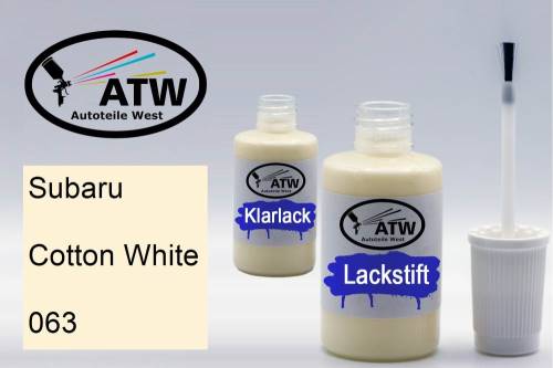 Subaru, Cotton White, 063: 20ml Lackstift + 20ml Klarlack - Set, von ATW Autoteile West.